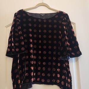 Ann Taylor Black Velvet Top with smokey pink Polka Dots